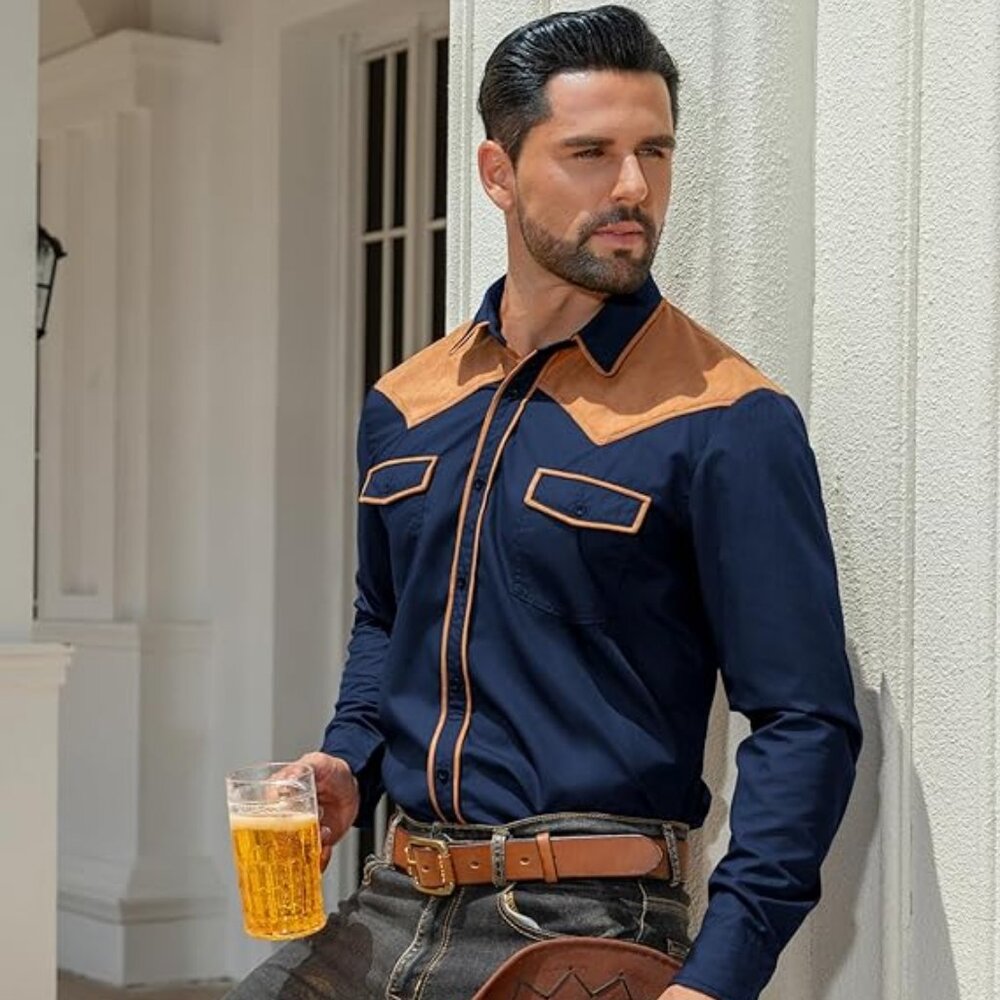 Men's Western Cowboy Shirt Long Sleeve Button Down Embroidered Shirts-Navy Blue